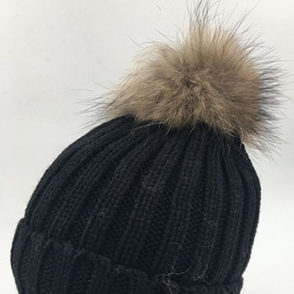 Knit Beanie Hat with Real Fox Fur Pom - Picture 1 of 2